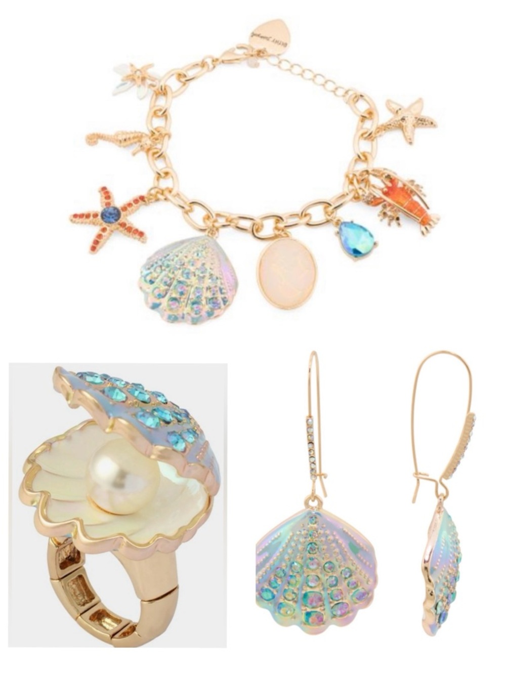 BETSEY JOHNSON SET Mermaid Jewels Sea Life Bracelet Ring & Earrings NEW NWT - Picture 1 of 16